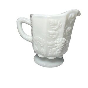 Westmoreland Milk Glass Creamer. Pitcher with Embossed Leaves and Grapes Pattern